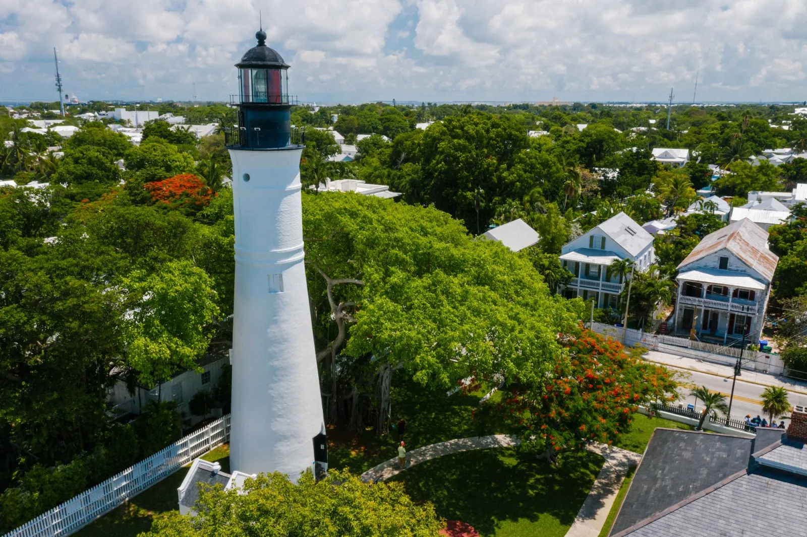 Aerial view of the Key West lighthouse and surrounding streets